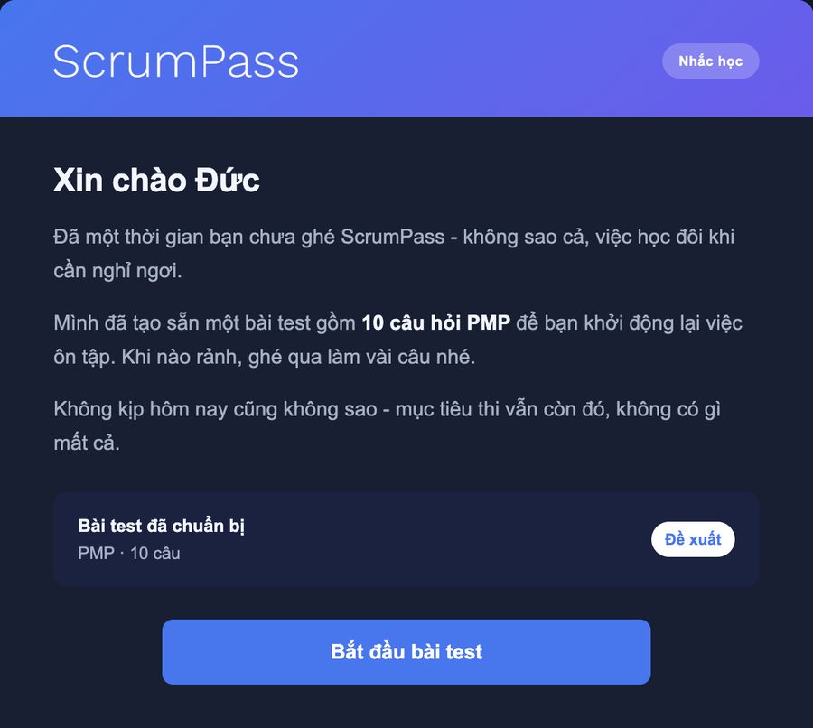 Email nhắc học khi lâu chưa làm bài